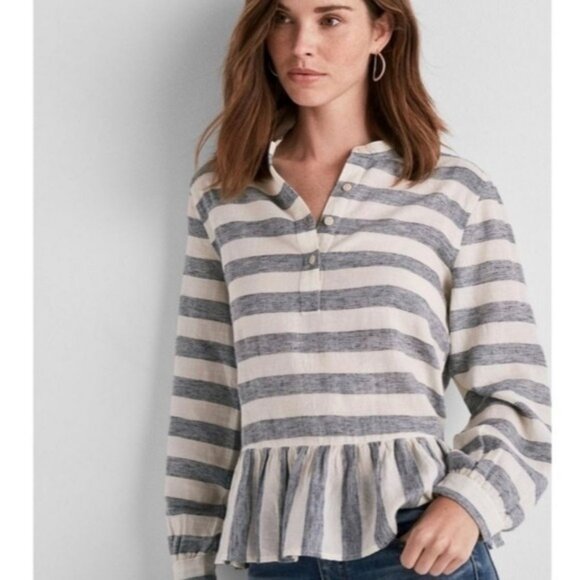 Lucky Brand Blouse M Blue Long Sleeve Stripe Peplum Top Babydoll Boho - Picture 1 of 10
